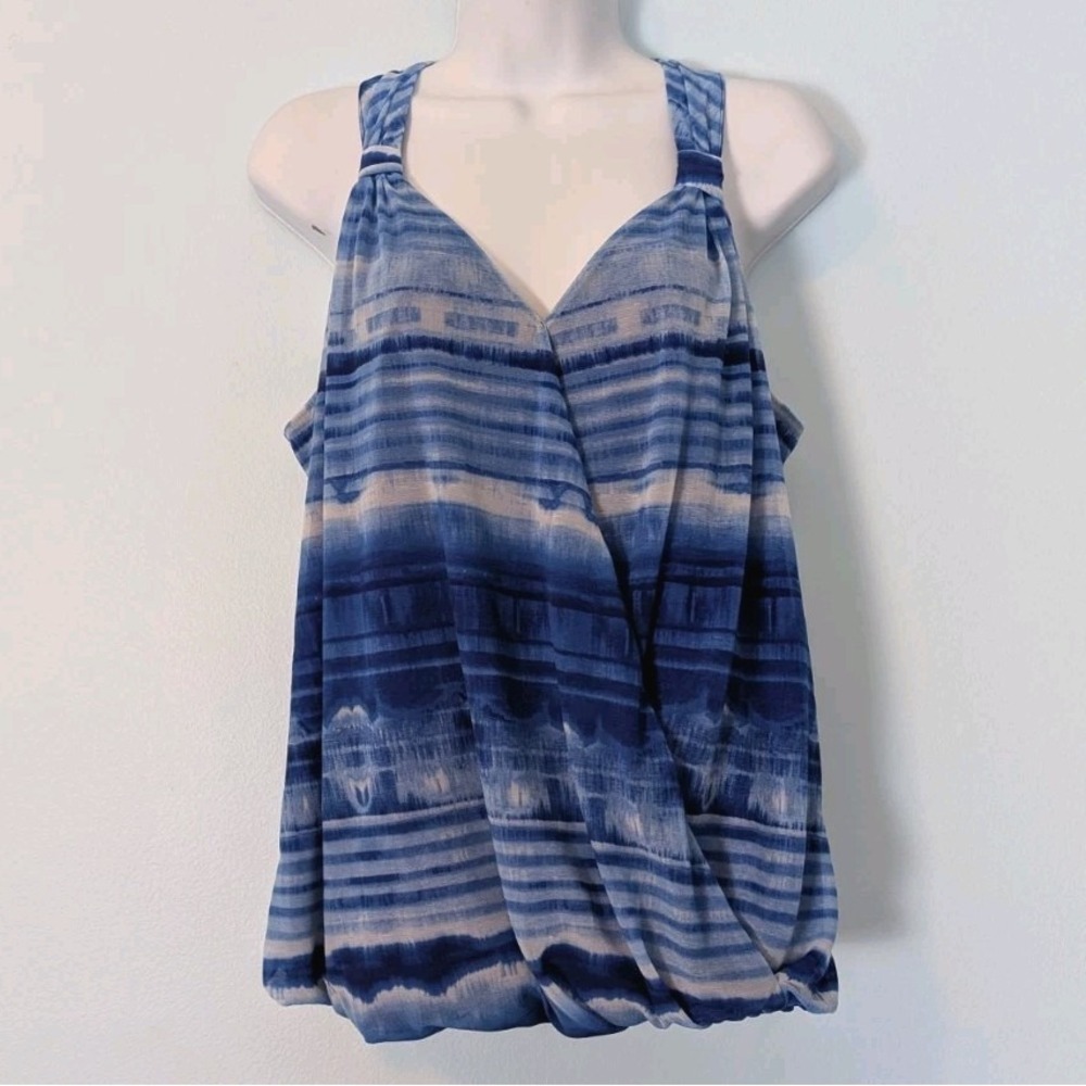 INC Bubble Hem Tank Top Large Petite Blue Watercolor Stripes Lined Beach